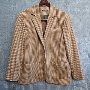 Lauren Ralph Lauren Women’s 18W Wool Nylon Houndstooth Blazer Brown beige